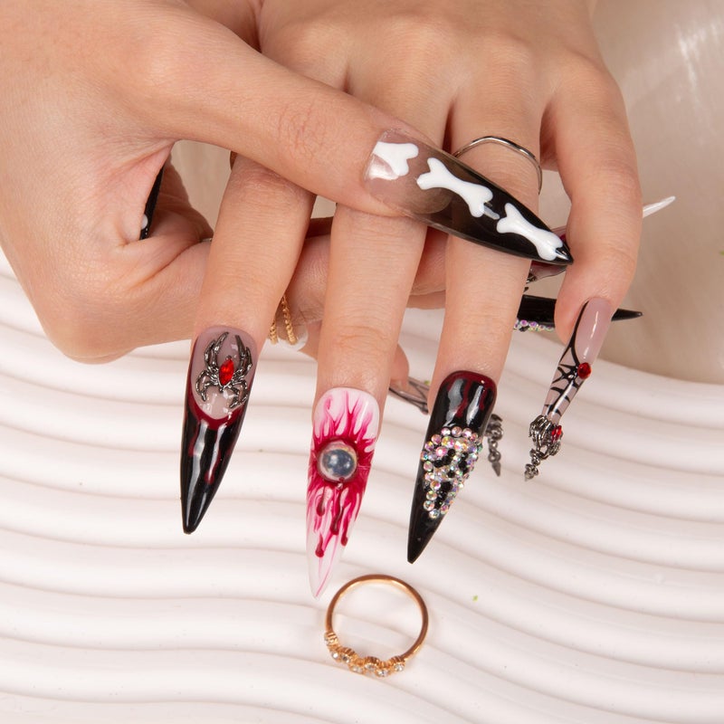 LOVFUL Press on Nails Final Destination | Handmade with Full Covered Crystals | Reusable Full Cover Nails | Stiletto Mid Length 1.7 in | H133-M - Image 3